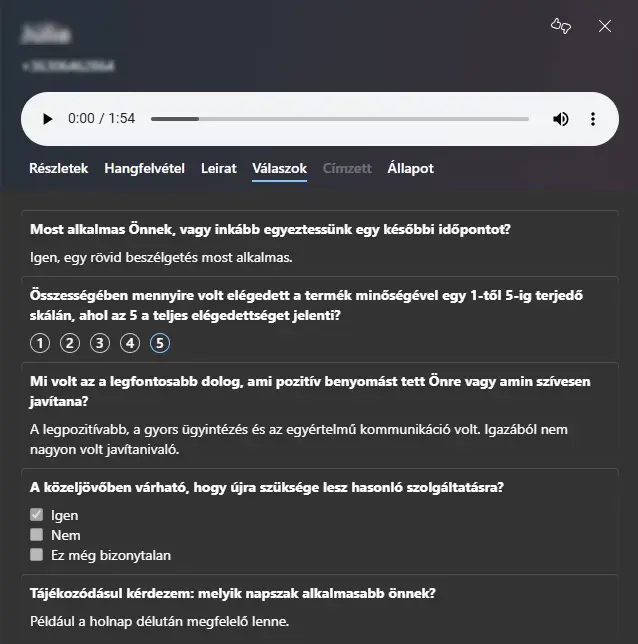 Rögzített kérdőívválaszok