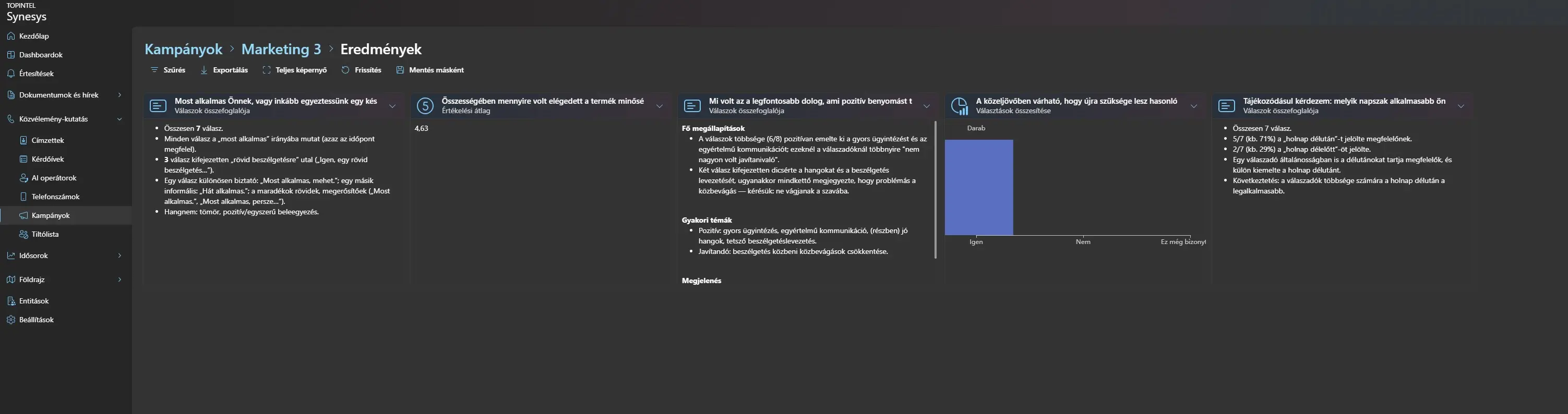 Kutatási dashboard és eredmények
